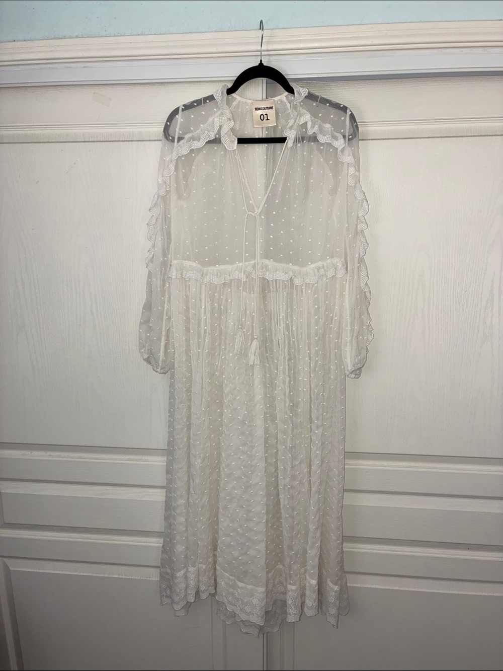 SEMICOUTURE- Italy/Sheer Swiss Dot White Maxi Dress - Picture 4 of 7